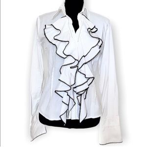 Chic White Ruffle Blouse with Black Trim
